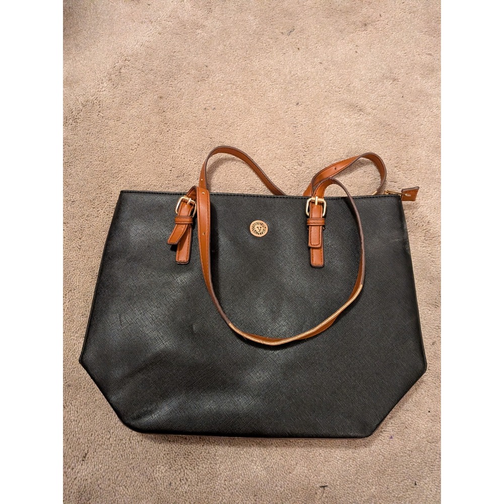 Anne Klein Black Cognac Brown‎ Saffiano Tote Bag Gold Lion Large Shoulder Bag